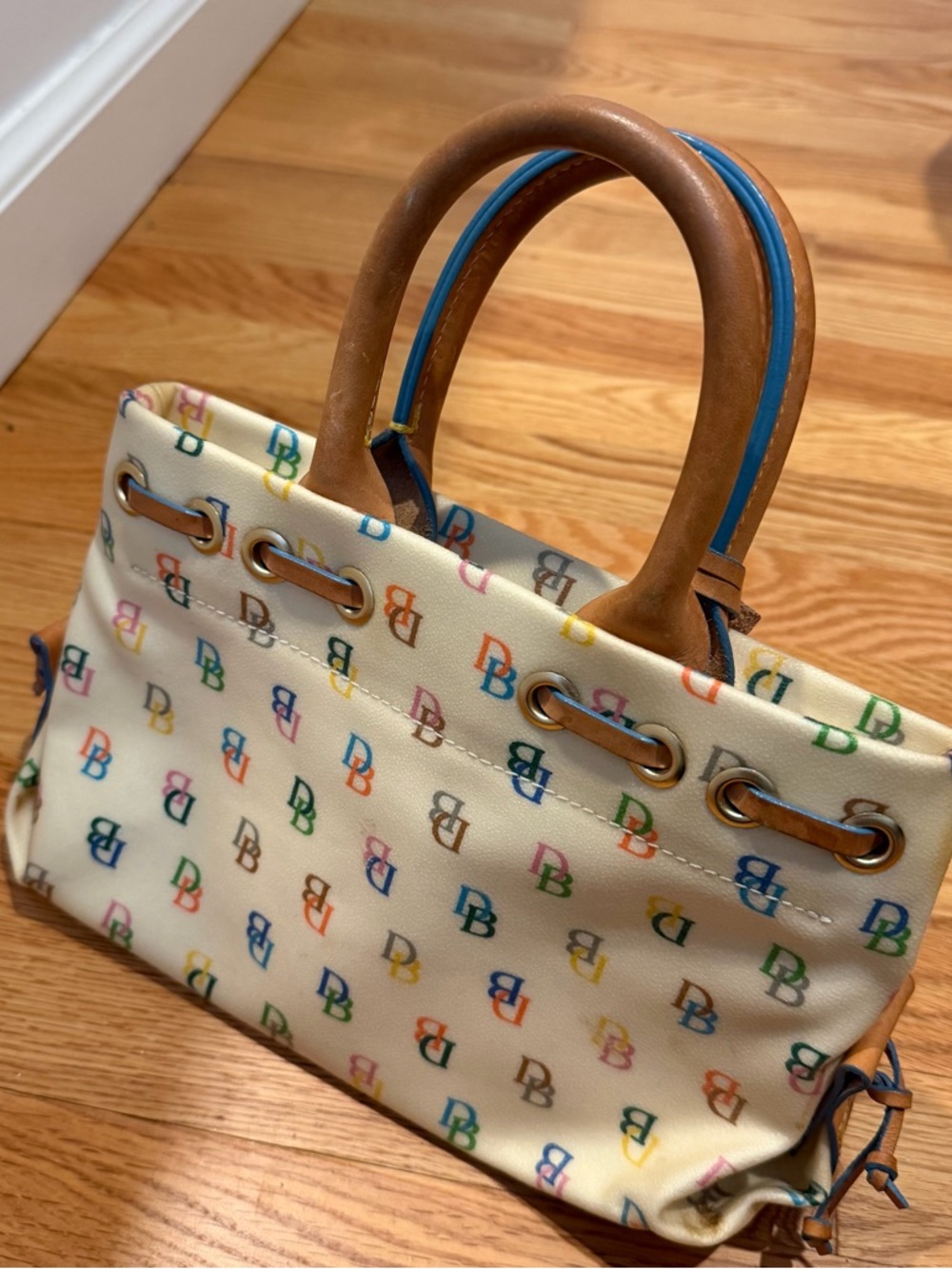 Vintage Y2K 90s Dooney & Bourke Cream Multicolor DB Logo Leather-Trim Mini Tote - Picture 7 of 9